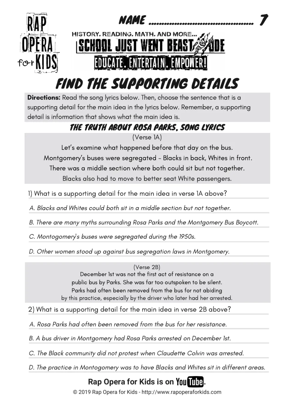Find the supporting details: students read excerpts of verses 1A and 2B and pick the supporting detail for each