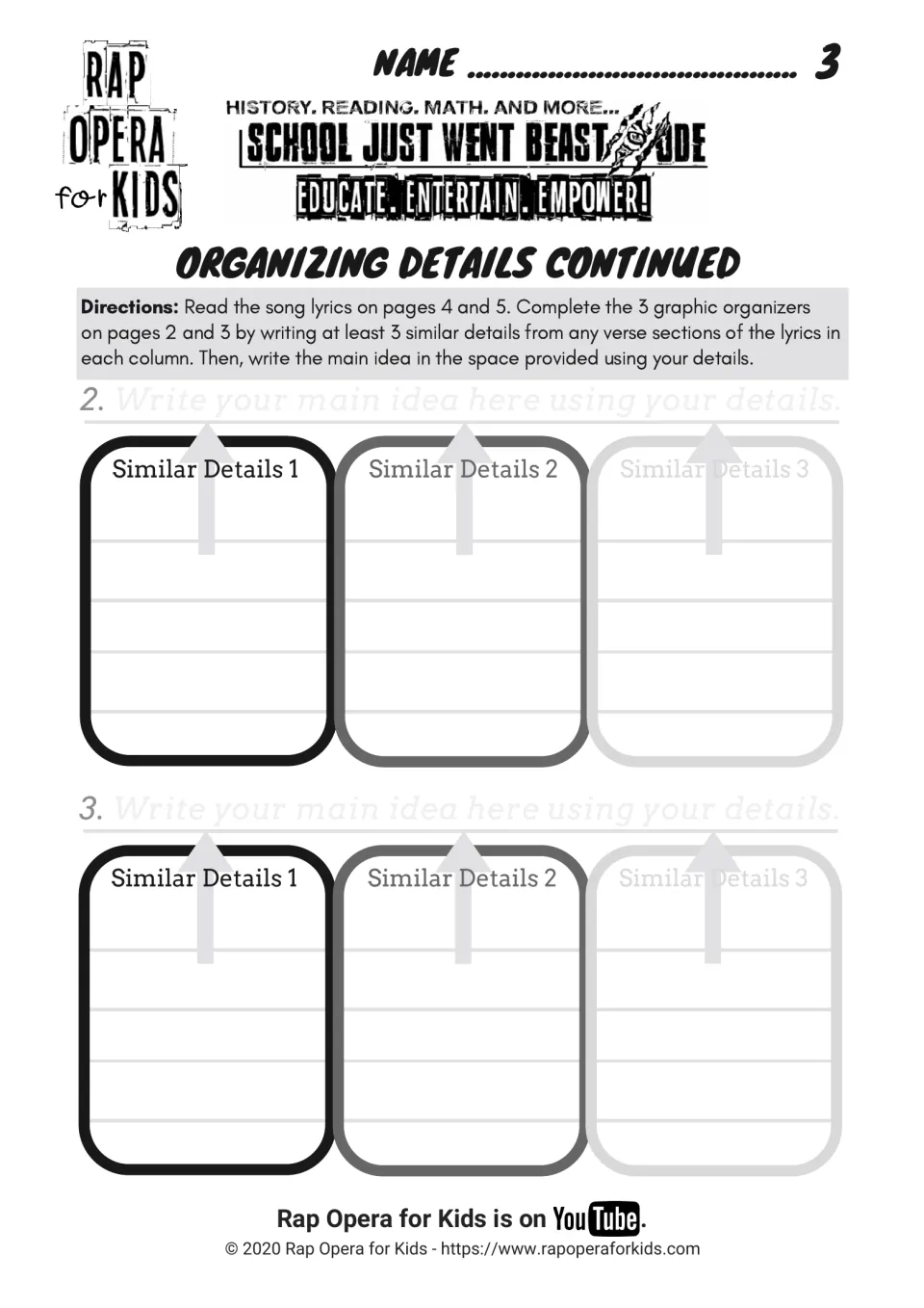 Organizing details continued: students list similar lyric details and write a main idea for organizers 2 and 3