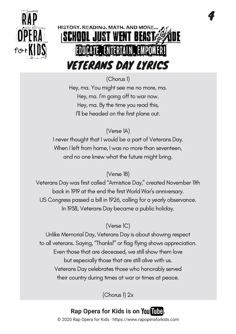 Veterans Day song lyrics, chorus and verses 1A to 1C: leaving home at seventeen, Armistice Day history, honoring veterans