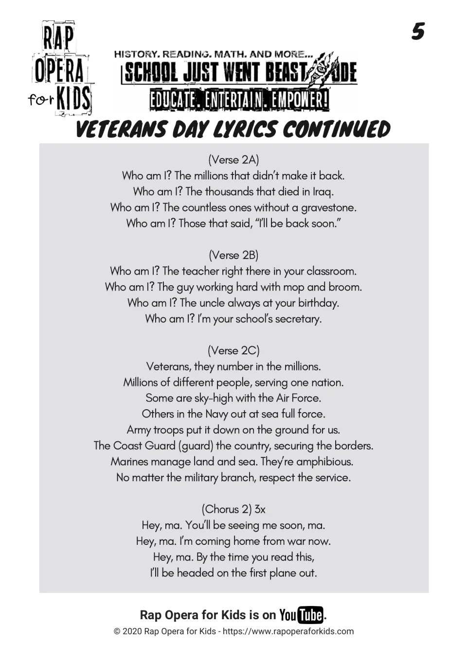 Lyrics continued, verses 2A to 2C and chorus 2: Who am I? lines on fallen soldiers, everyday veterans, military branches