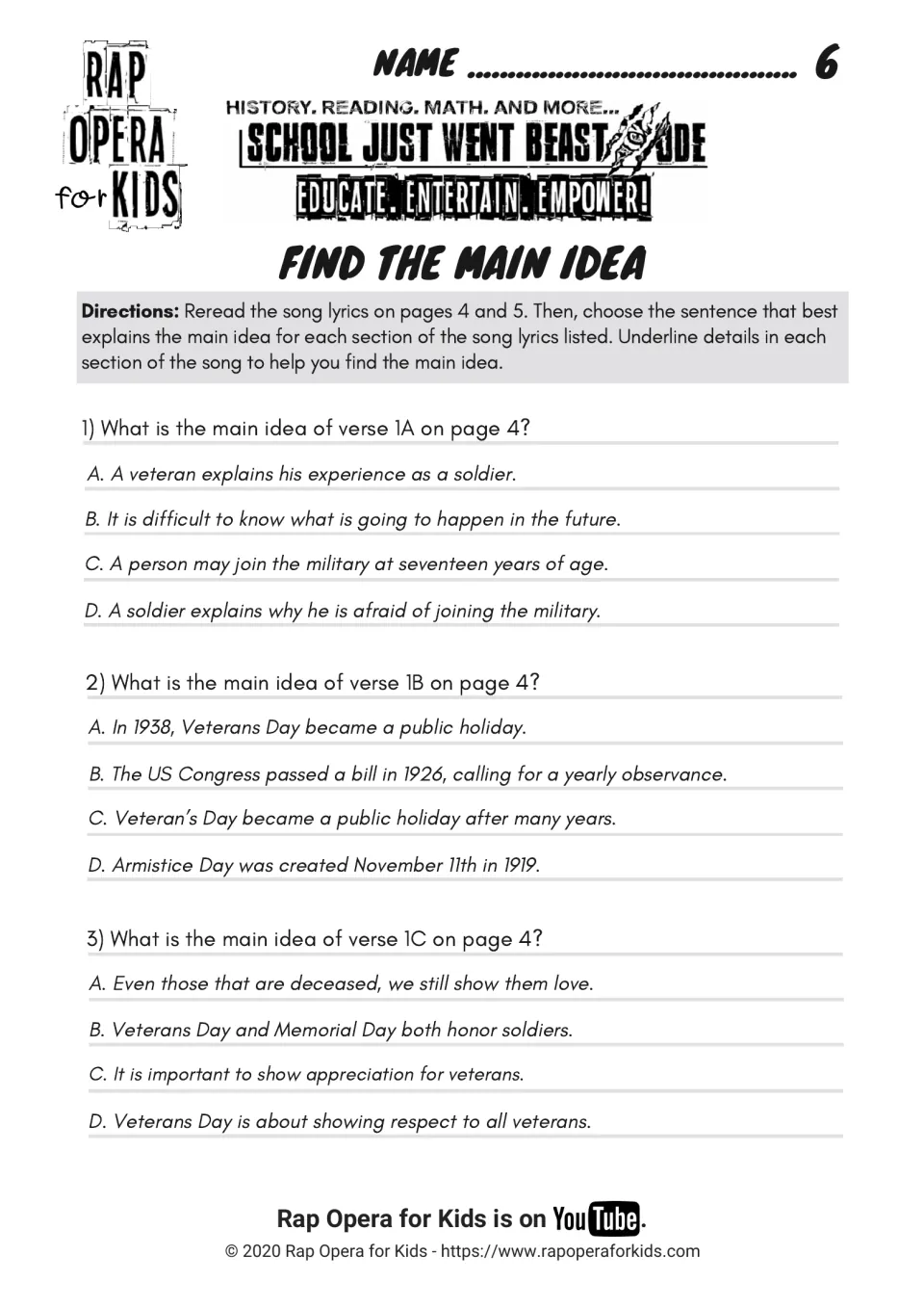 Find the main idea: students reread lyric verses 1A, 1B and 1C and pick the sentence stating each verse's main idea