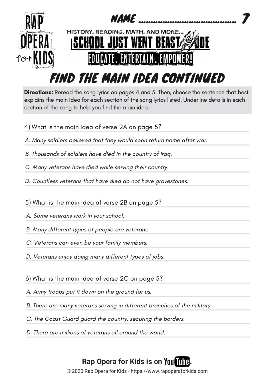 Find the main idea continued: students choose the main idea of verses 2A, 2B and 2C, on fallen soldiers and the branches