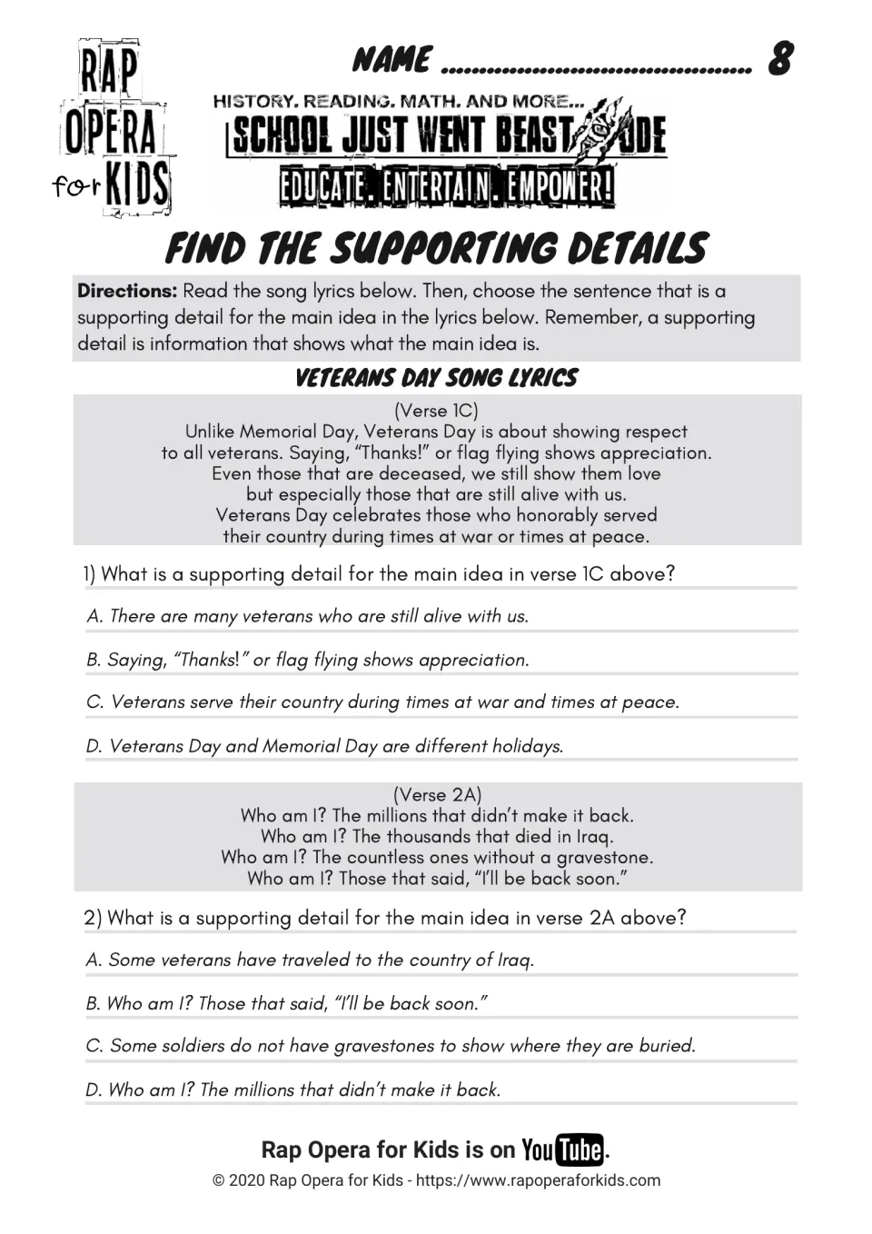 Find the supporting details: students read reprinted verses 1C and 2A and pick the sentence that supports each main idea
