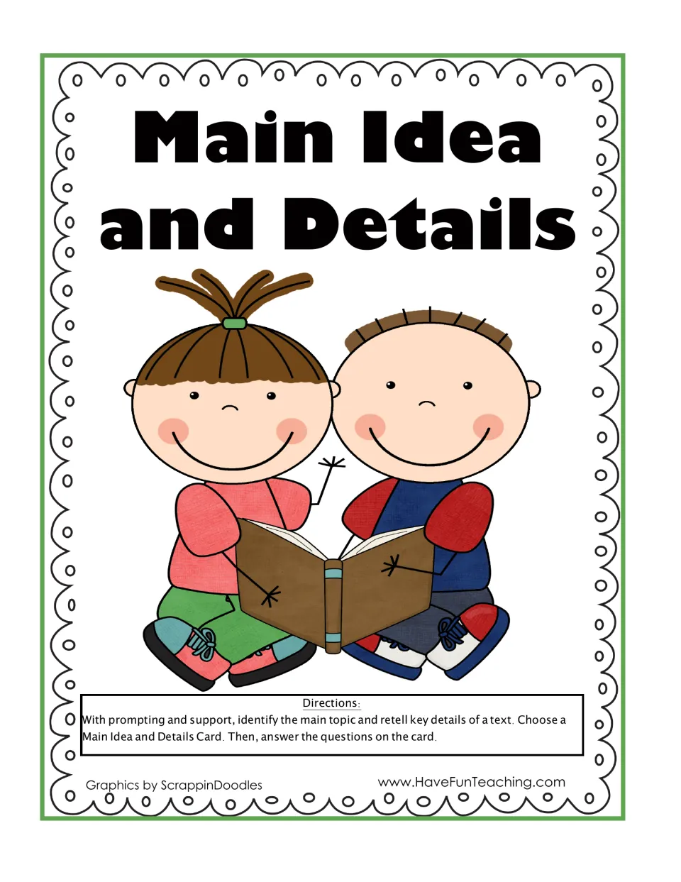 Main Idea and Details cover: two kids share a book; directions say to pick a card and answer its questions about a text