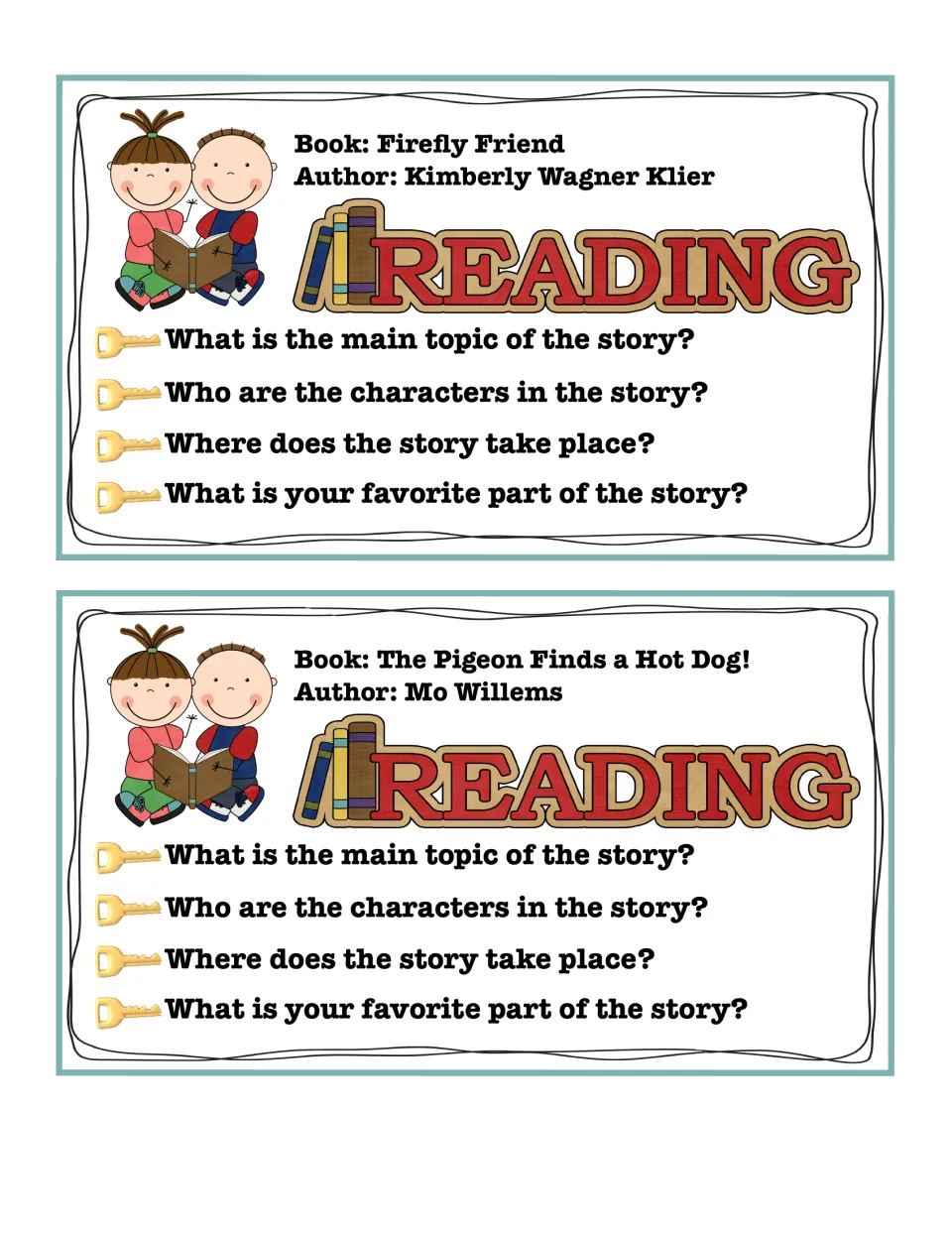 Story cards for Firefly Friend and The Pigeon Finds a Hot Dog!: students tell the main topic, characters and setting