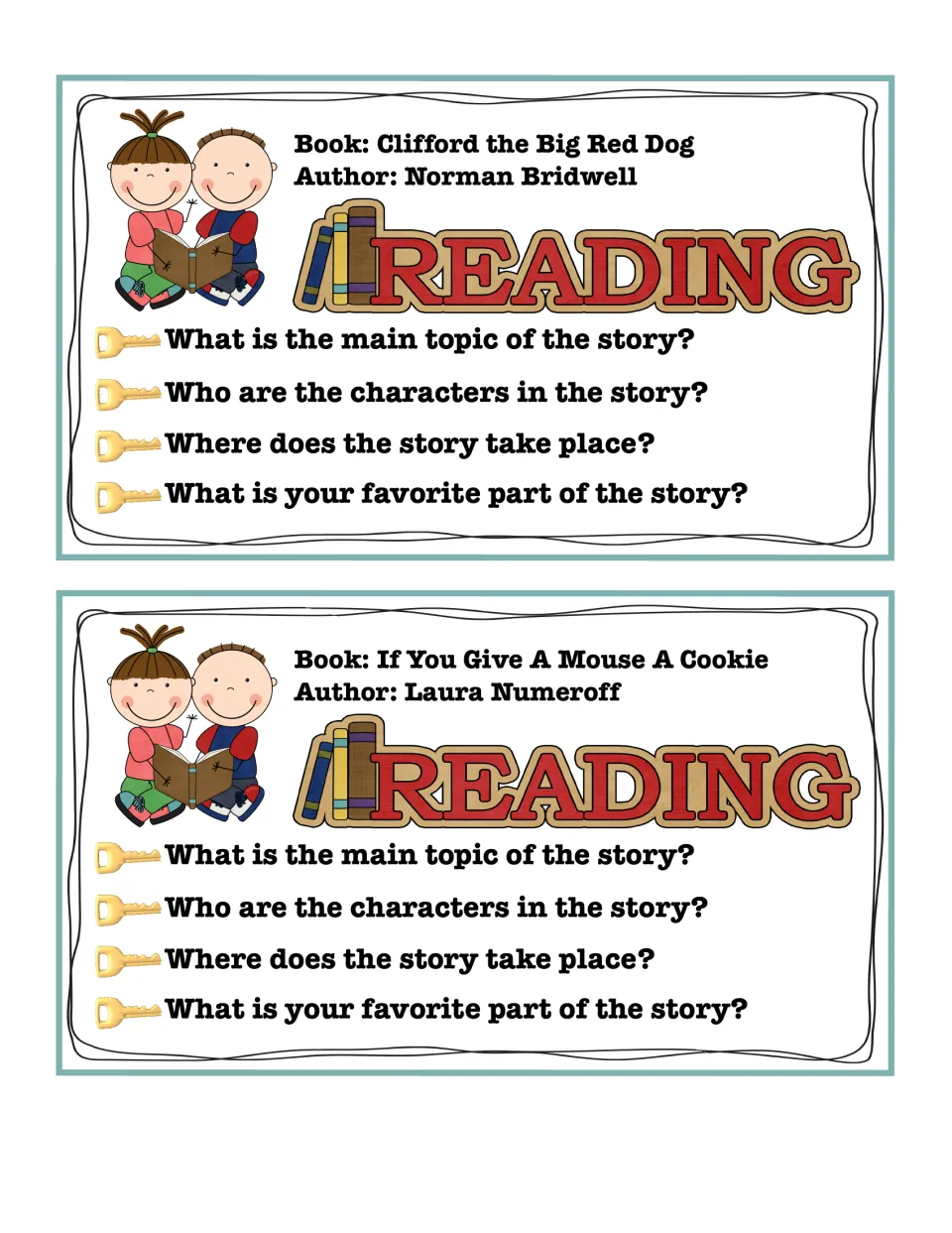 Cards for Clifford the Big Red Dog and If You Give A Mouse A Cookie: students identify main topic, characters and setting