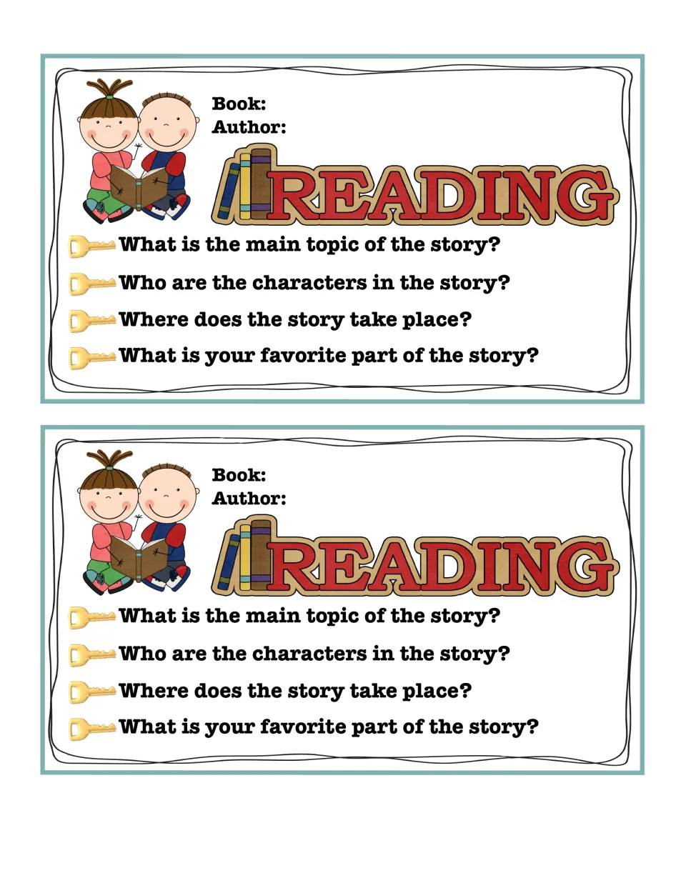 Blank story cards: students write in any book and author, then answer main topic, characters, setting and favorite part