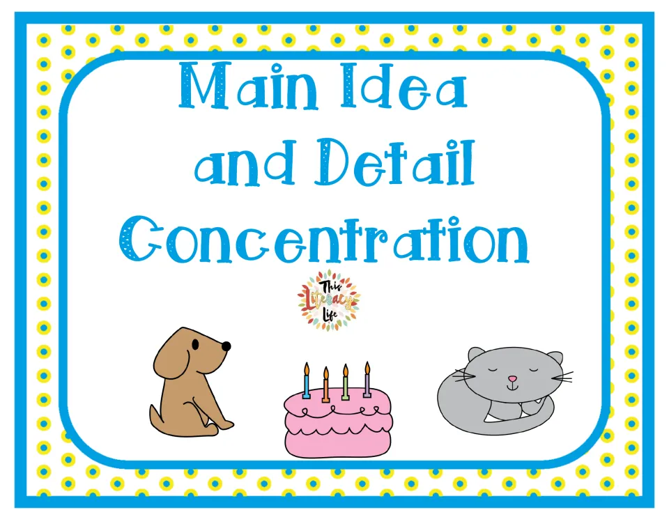 Cover: Main Idea and Detail Concentration card-matching game, shown with a dog, a cat and a birthday cake