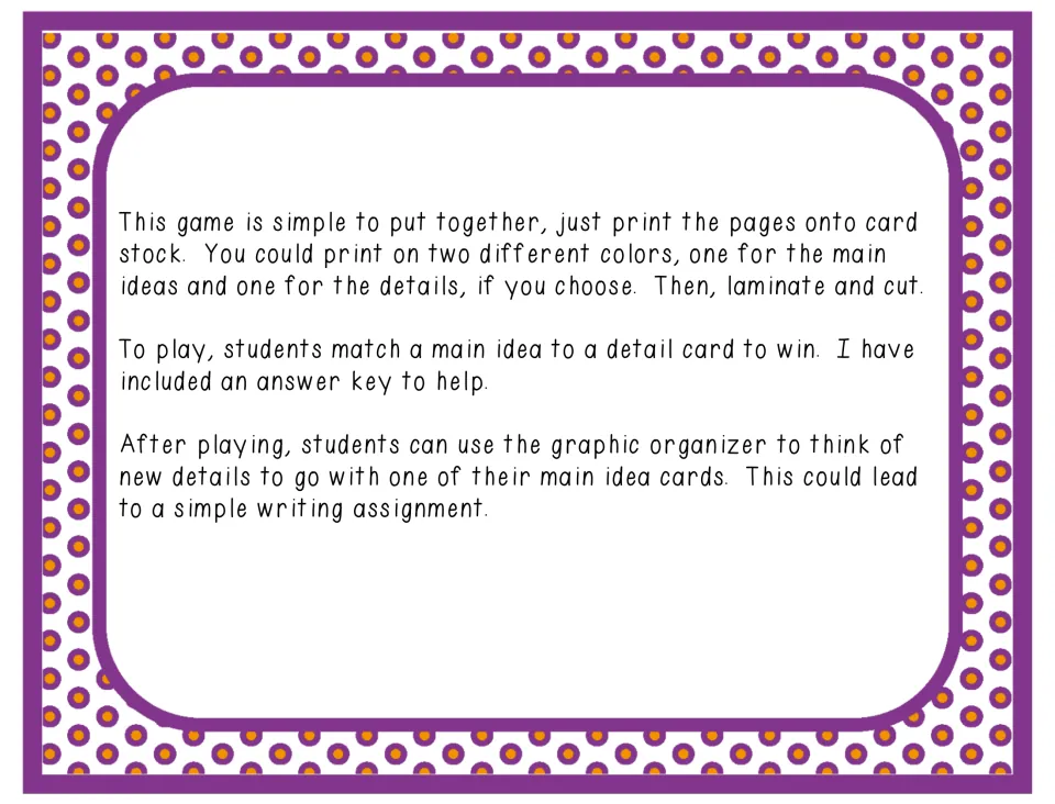 Teacher directions: print on card stock, laminate, cut, then students match each main idea card to its detail card