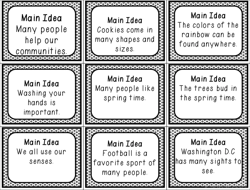 Nine more main idea cards on topics like community helpers, cookies, rainbow colors, handwashing, spring and football