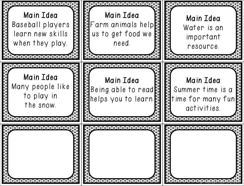 Six main idea cards on baseball, farm animals, water, snow play, reading and summer fun, plus three blank cards