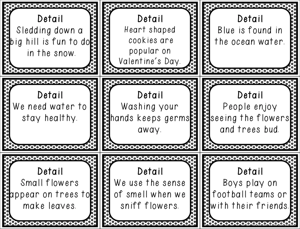 Nine detail cards to pair with main ideas, such as sledding, heart-shaped cookies and washing hands to keep germs away