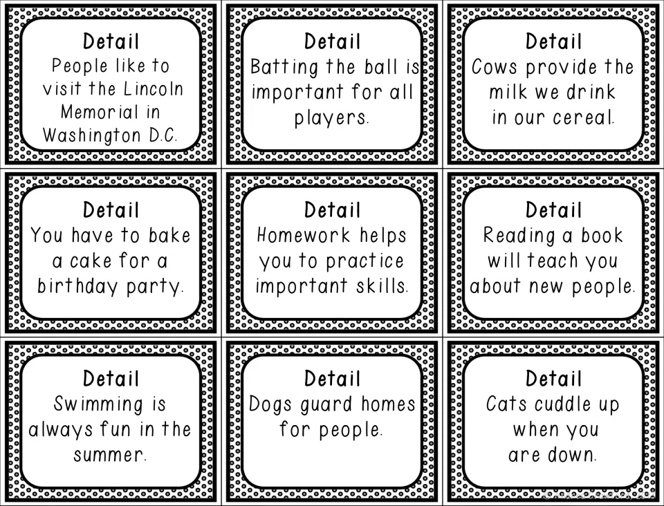 Nine detail cards including Lincoln Memorial, batting the ball, cows giving milk, baking a birthday cake and swimming