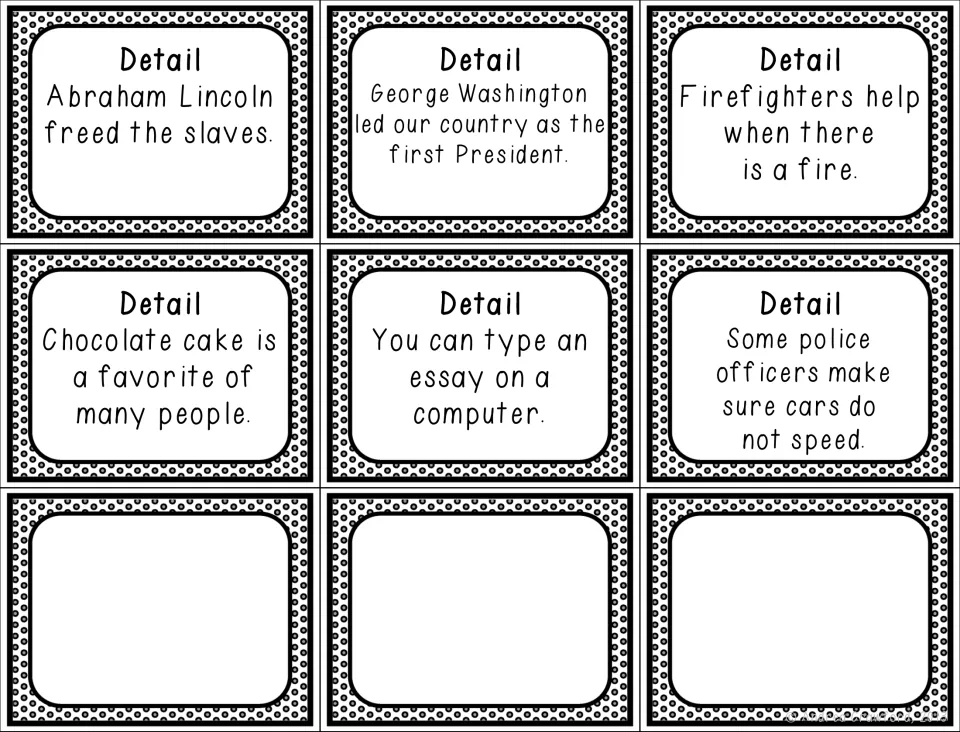 Six detail cards on Lincoln, Washington, firefighters, chocolate cake, typing an essay and police, plus three blank cards