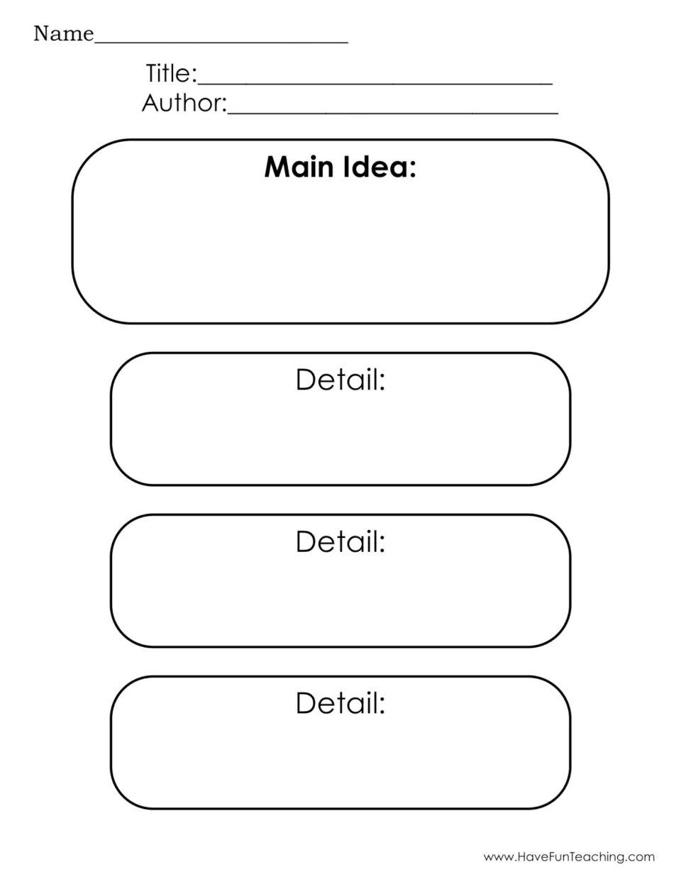 Main idea and details: students record a text's title and author, its main idea, then three details that support it