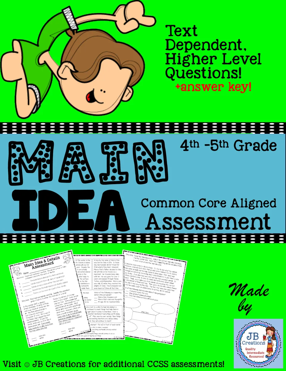 Main Idea Assessment cover for grades 4–5, featuring text-dependent questions and an included answer key