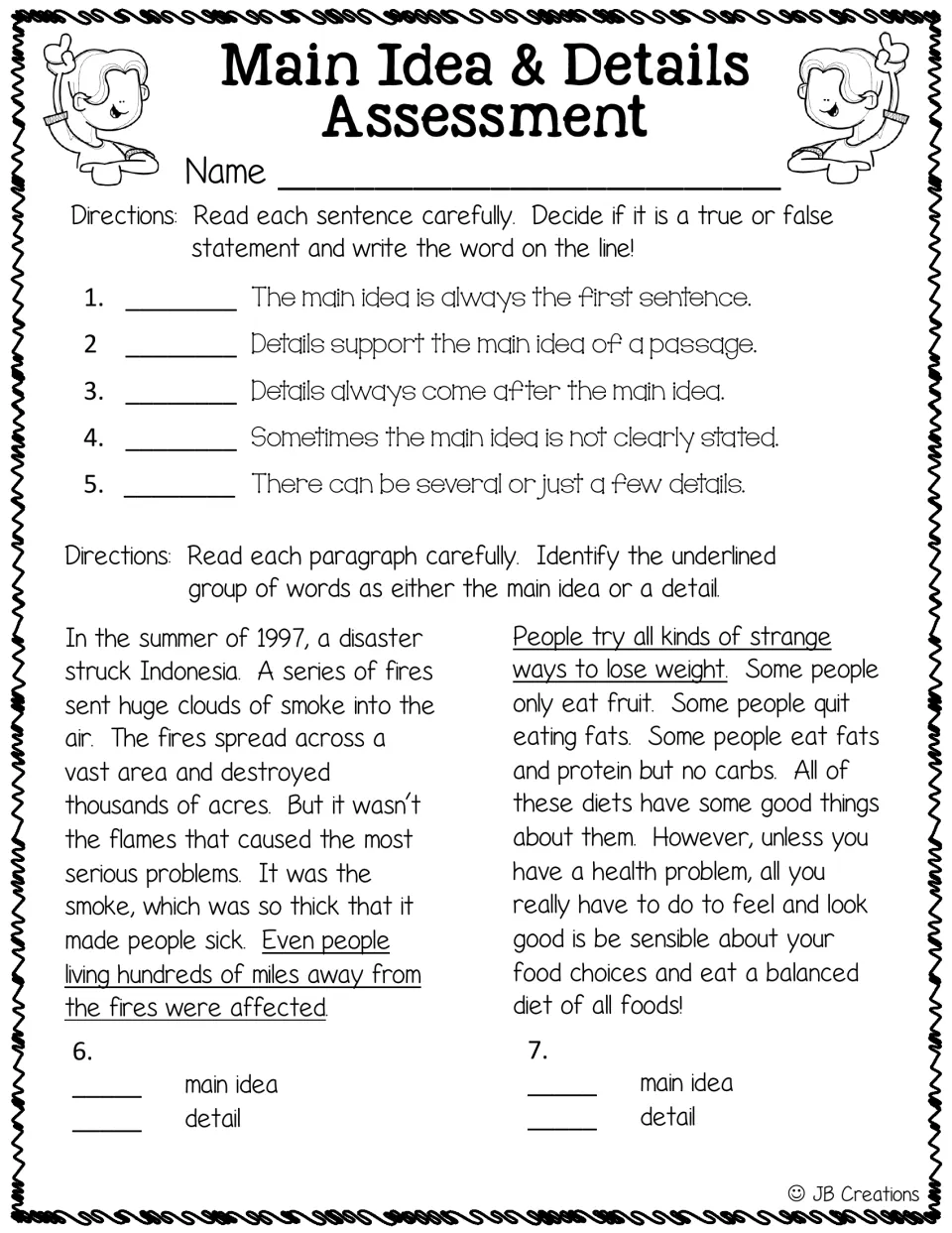 Assessment items 1–7: true-or-false statements about main ideas and details, plus fire and diet passages
