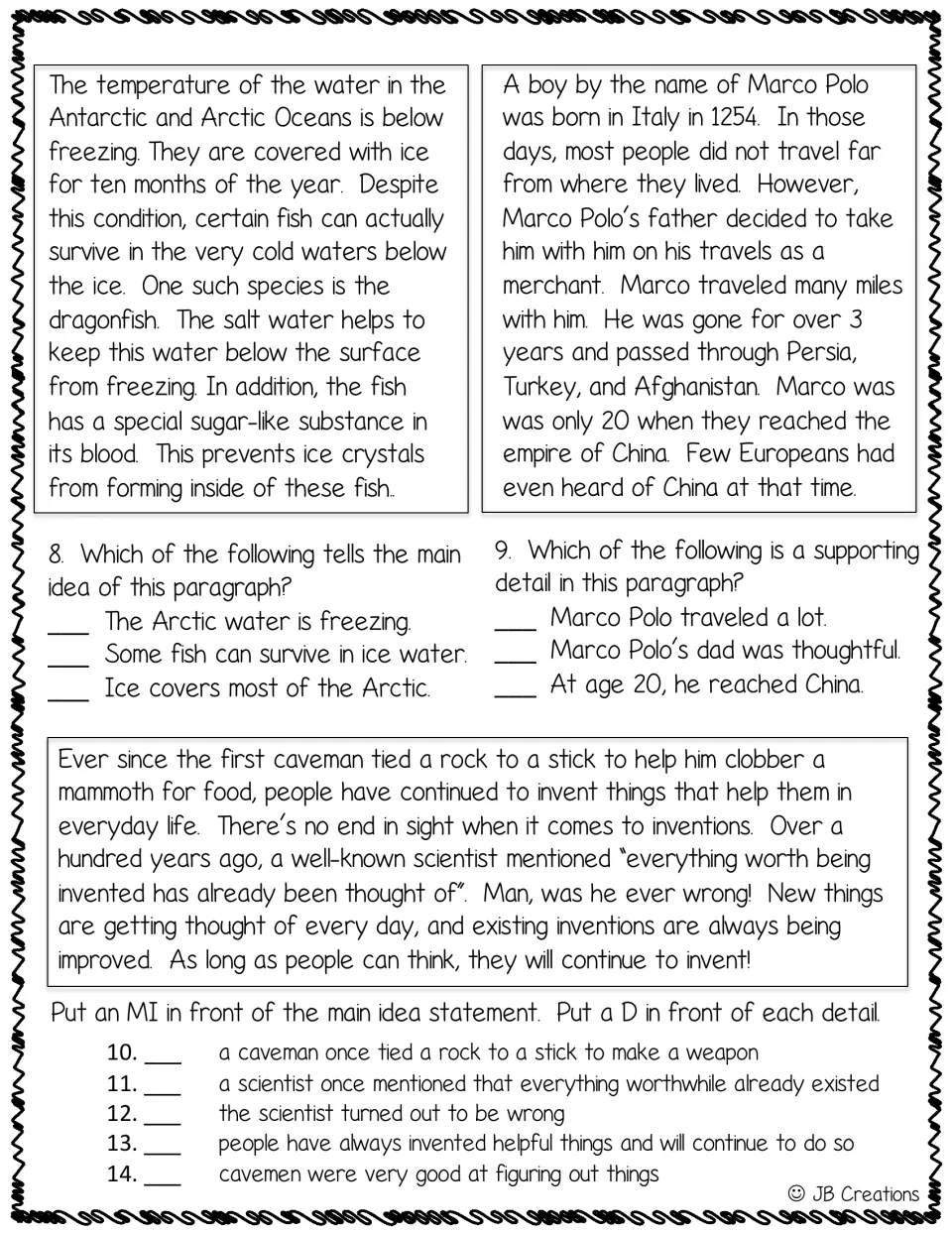 Assessment items 8–14: identify main ideas and supporting details in fish, Marco Polo, and invention texts