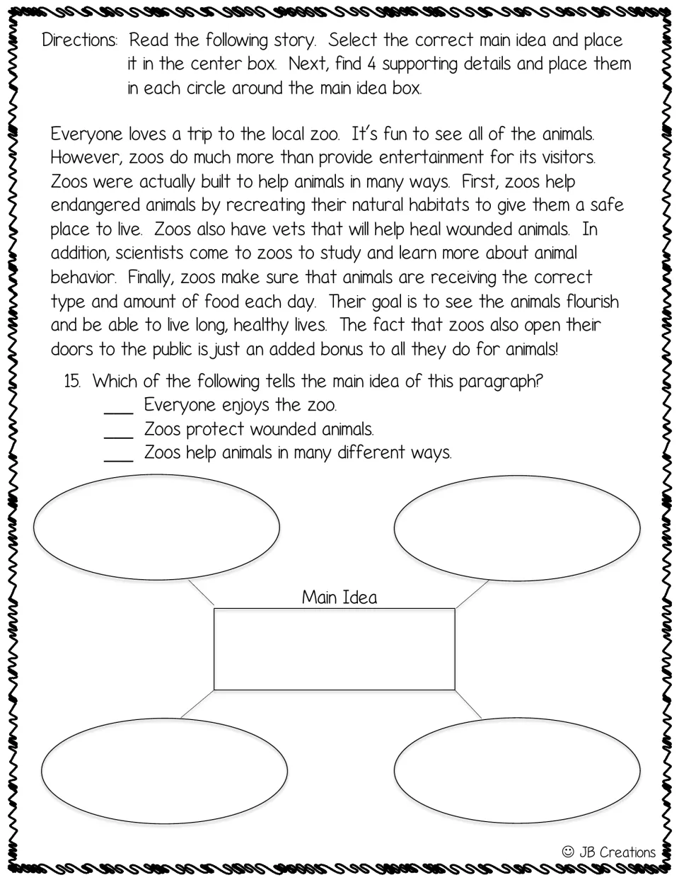Assessment item 15: select the zoo passage's main idea and record it with four details in a graphic organizer