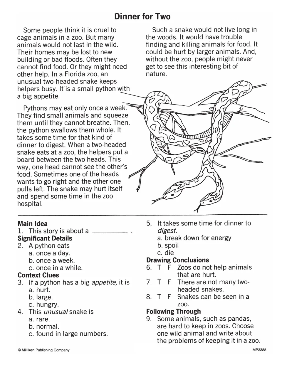 Dinner for Two: passage on a two-headed zoo python; students find the main idea, details and word meanings