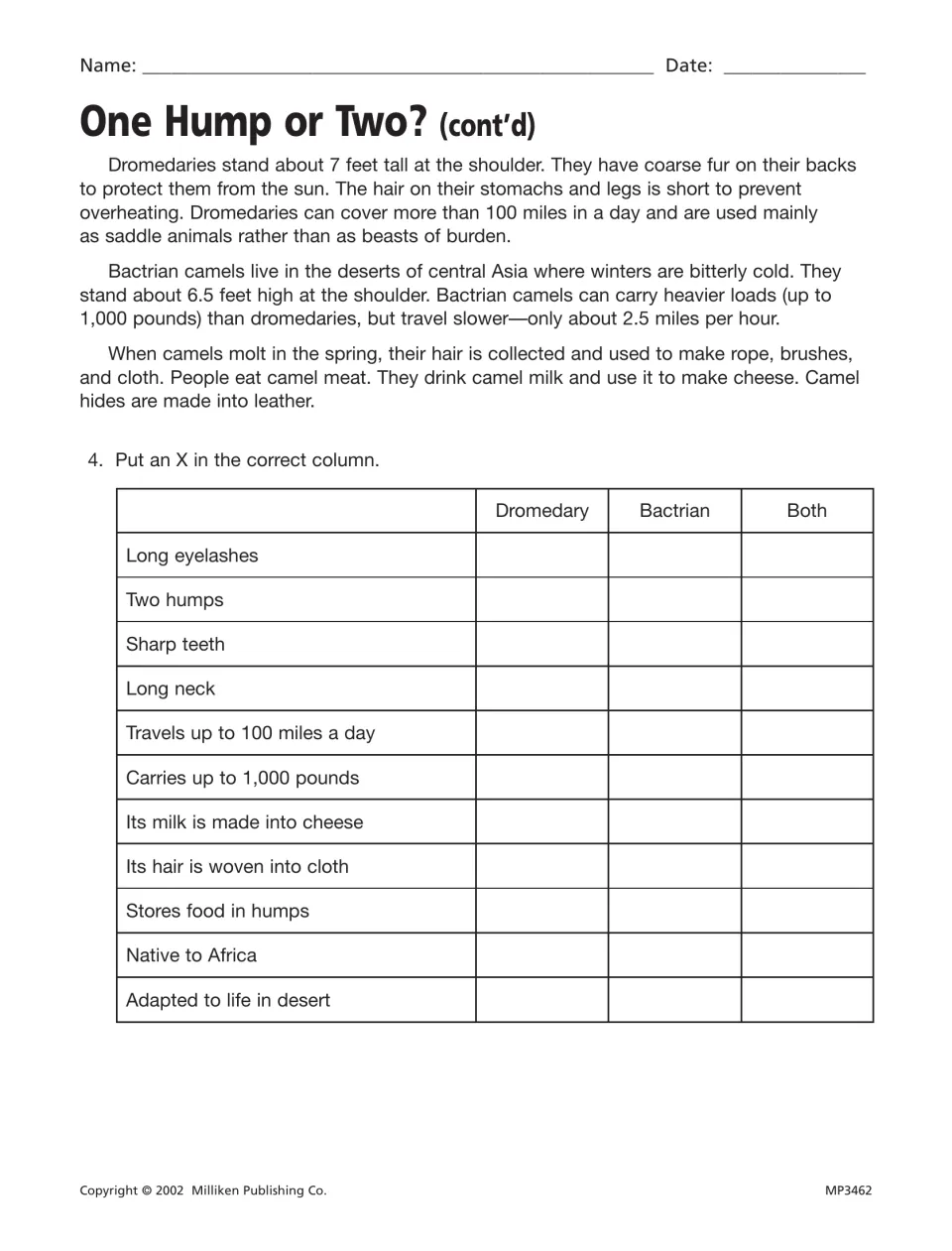 One Hump or Two? continued: dromedary and Bactrian facts; students mark each trait as Dromedary, Bactrian or Both