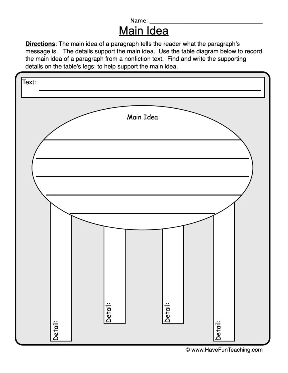Main idea organizer for a nonfiction paragraph, using a table diagram to record the main idea and four details.