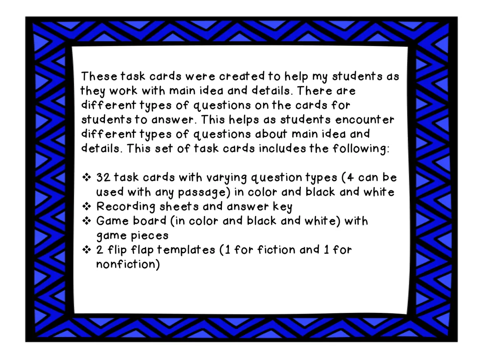 Set overview: 32 main idea and details cards, recording sheets, answer key, a game board and 2 flip flap templates