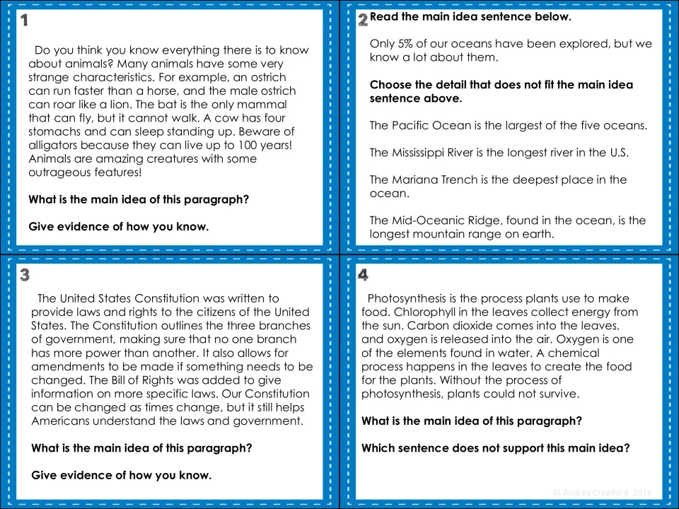 Cards 1-4: paragraphs on animal facts, oceans, the Constitution and photosynthesis; students find the main idea and evidence