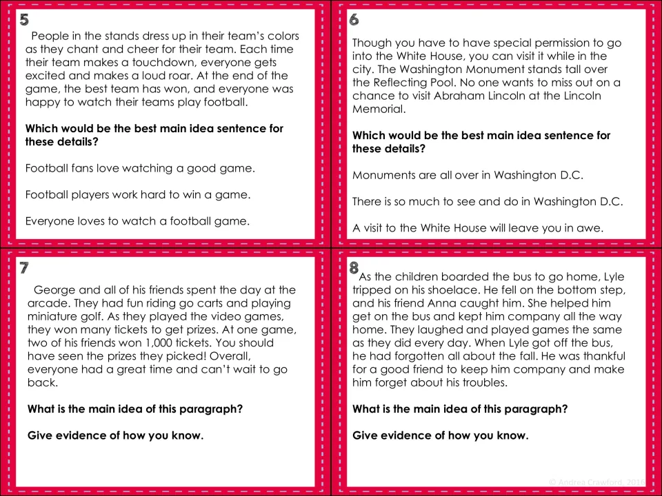 Cards 5-8: football fans, Washington D.C., an arcade day and a helpful friend; students pick or state the main idea