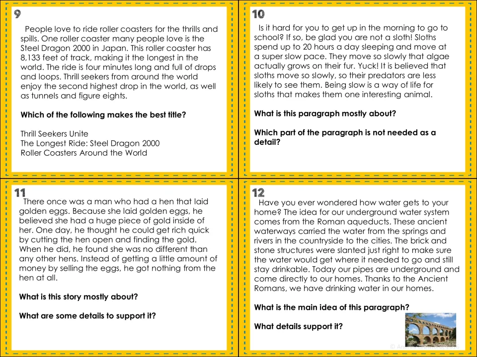 Cards 9-12: Steel Dragon 2000, sloths, the hen with golden eggs and Roman aqueducts; students choose titles and details