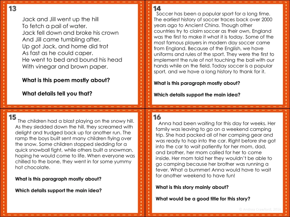 Cards 13-16: Jack and Jill poem, soccer history, sledding and a canceled camping trip; students tell what each is about