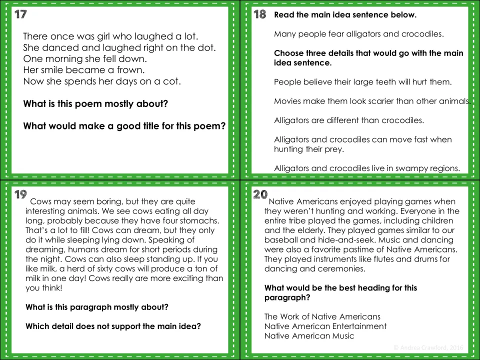 Cards 17-20: a limerick, alligator fears, cow facts and Native American games; students find main ideas and headings