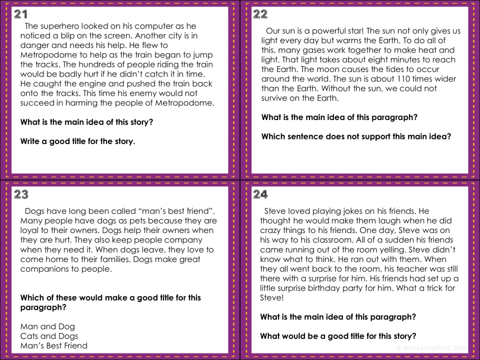 Cards 21-24: a superhero rescue, the sun, dogs and a surprise party; students state the main idea and pick or write titles
