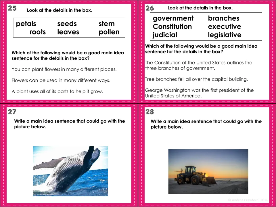 Cards 25-28: choose a main idea for plant-part and government word boxes, then write one for whale and bulldozer photos