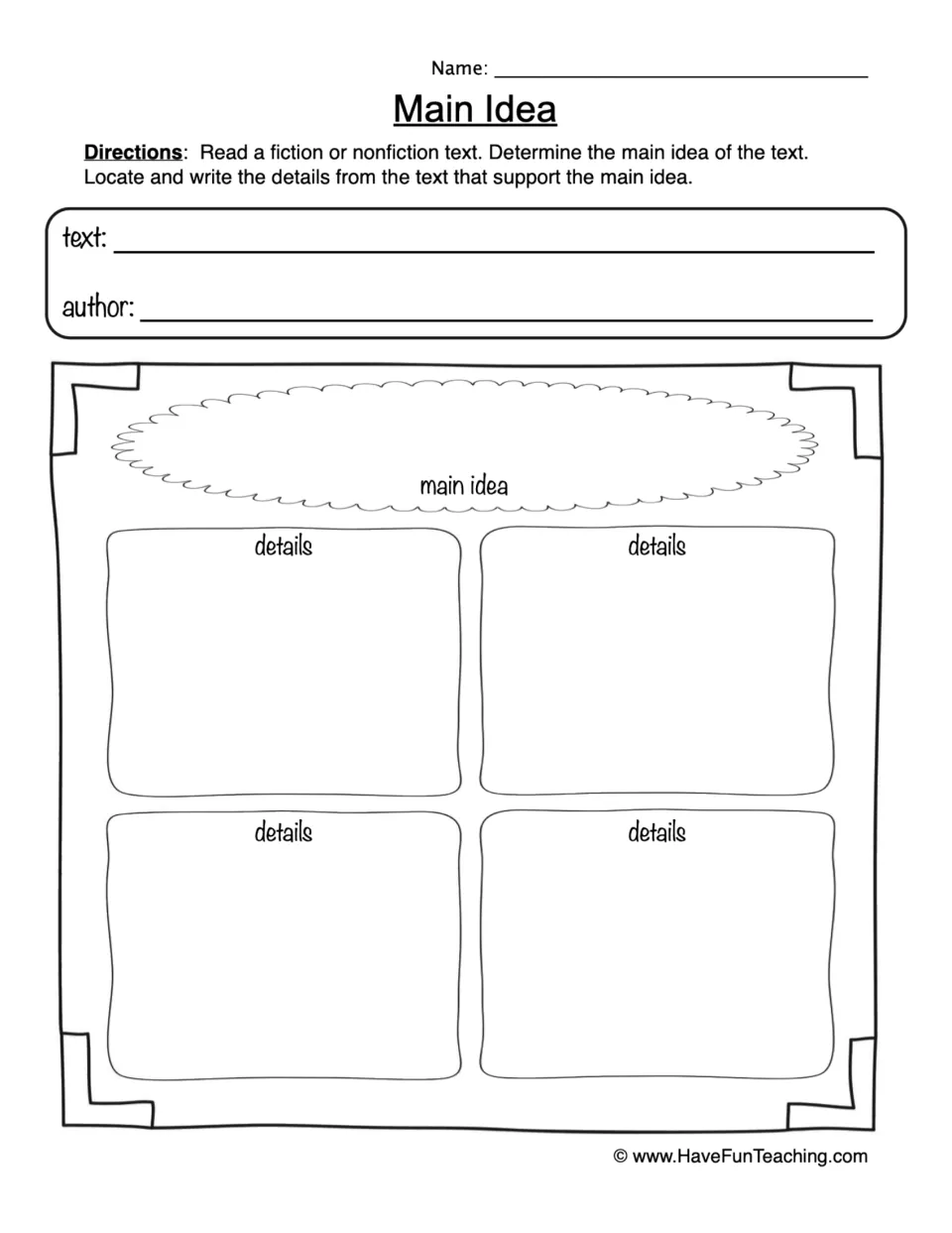 Main idea graphic organizer for a fiction or nonfiction text, with text and author prompts and four detail entries.