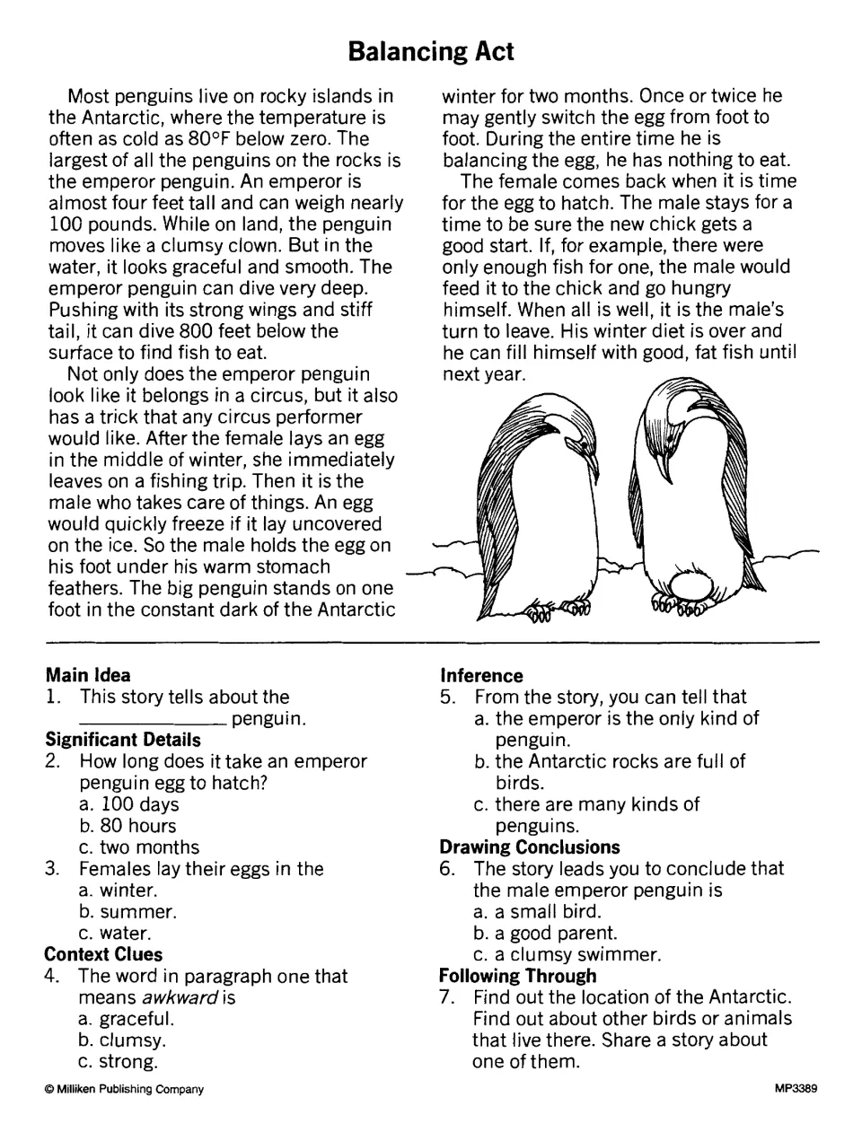 Balancing Act: a passage on emperor penguins caring for eggs, with main idea, detail, inference and conclusion questions