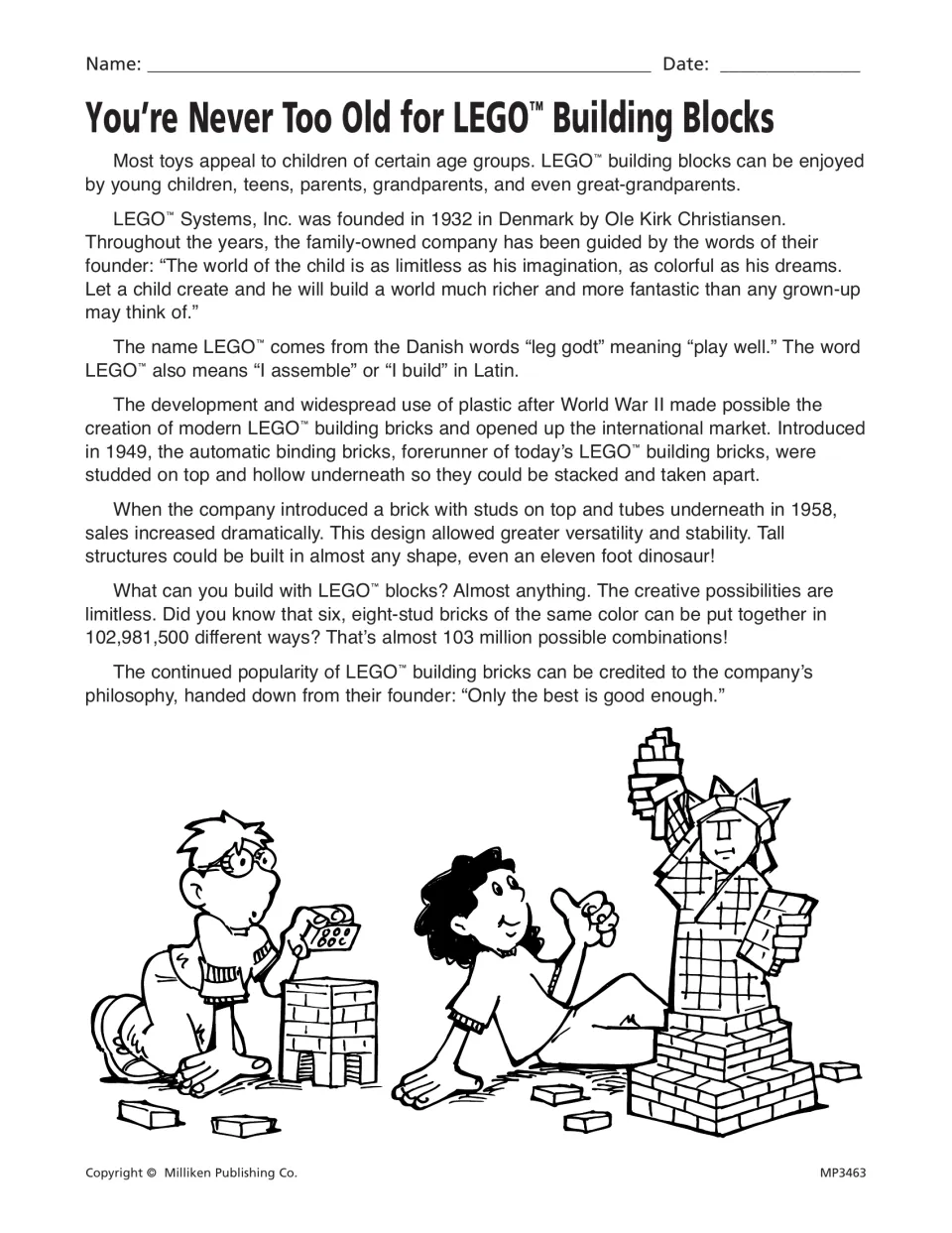 LEGO building blocks article, part 1: students read the toy's history from its 1932 Denmark founding to the 1958 brick
