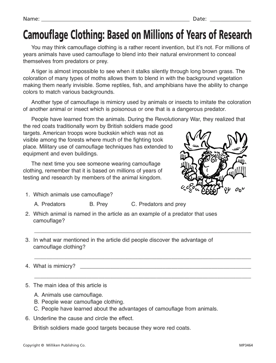 Camouflage Clothing: an article on animal camouflage and mimicry, with a main idea choice and a cause-and-effect item