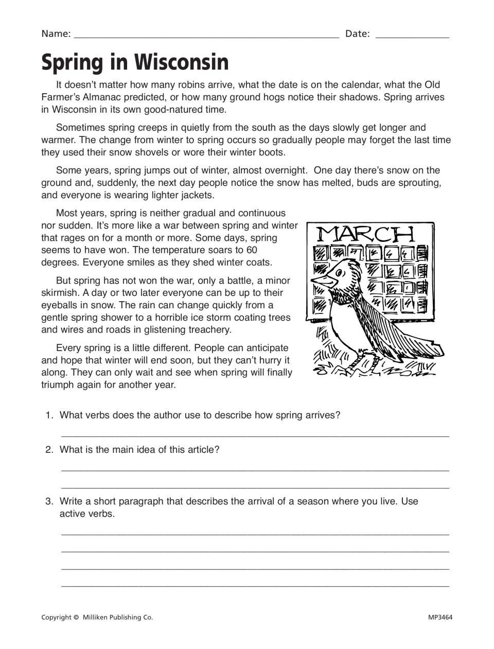 Spring in Wisconsin: students find the verbs that show spring arriving, state the main idea and write about a local season
