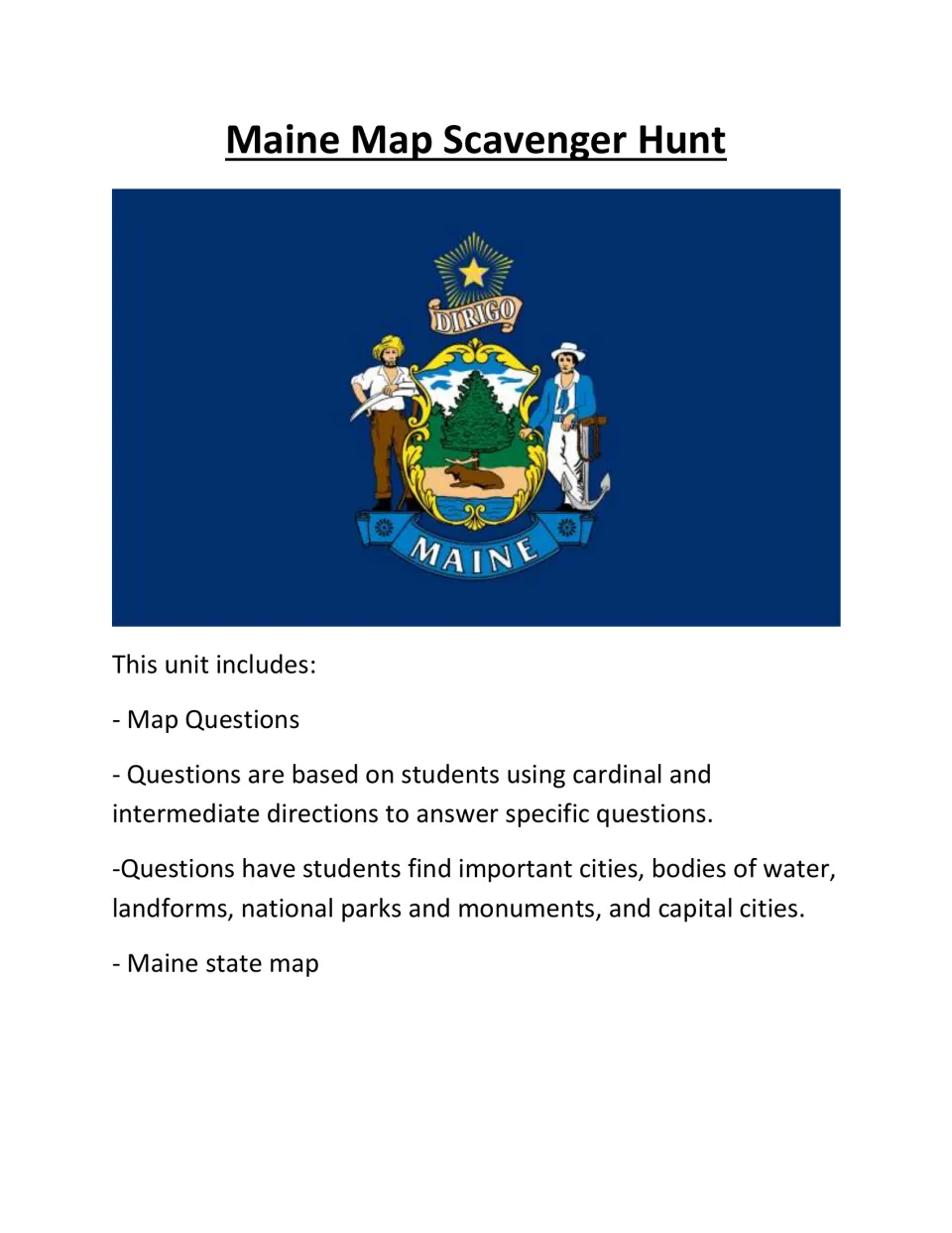 Cover introducing the Maine map activity, cardinal and intermediate directions, and geographic features.