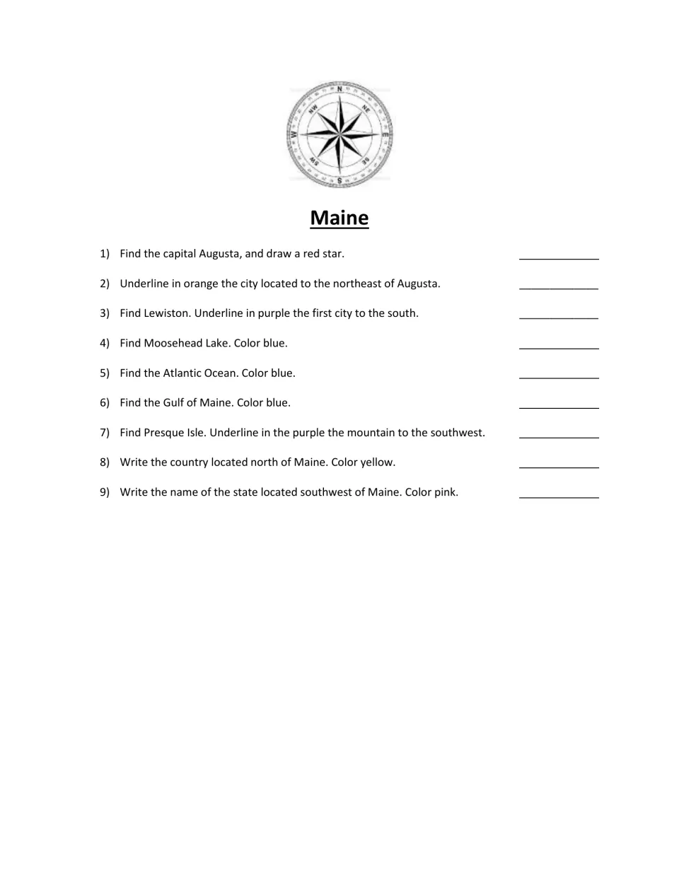 Scavenger hunt questions 1–9: find Augusta, locate cities by direction, and color Maine's bodies of water.