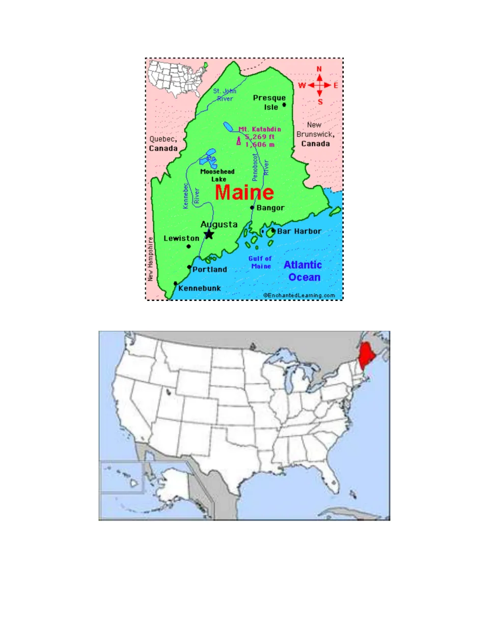 Reference maps for the scavenger hunt: Maine cities, rivers, lakes, and a U.S. map locating the state.