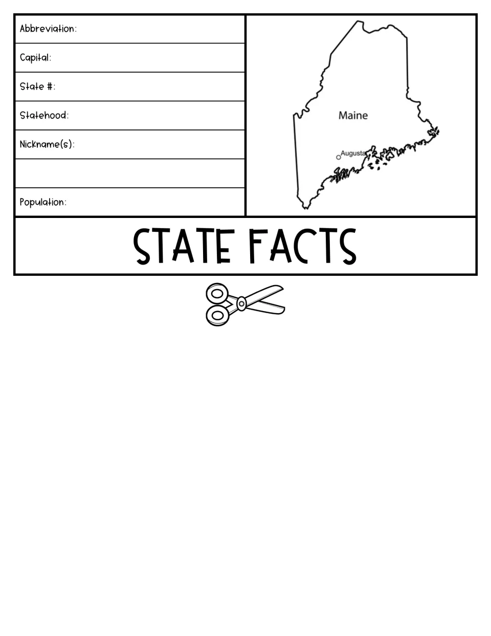 State facts flap: students record Maine's abbreviation, capital, state number, statehood, nicknames and population