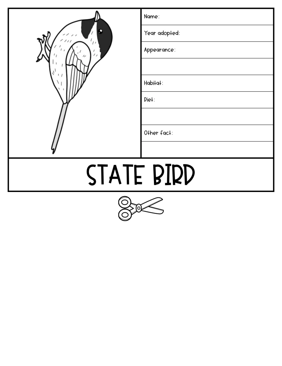 State bird flap with a chickadee drawing; students note its name, year adopted, appearance, habitat, diet and another fact