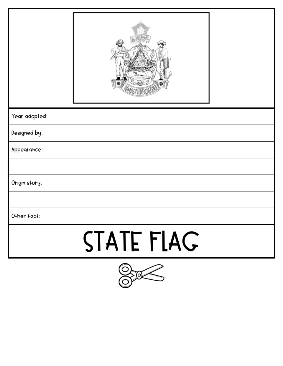 State flag flap showing Maine's flag with the Dirigo seal; students write year adopted, designer, appearance and origin