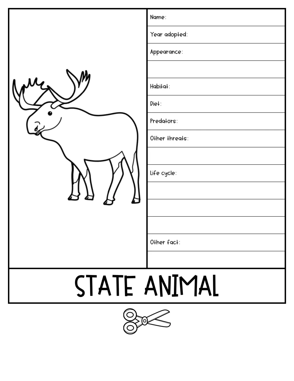 State animal flap with a moose drawing; students record habitat, diet, predators, other threats, life cycle and a fact