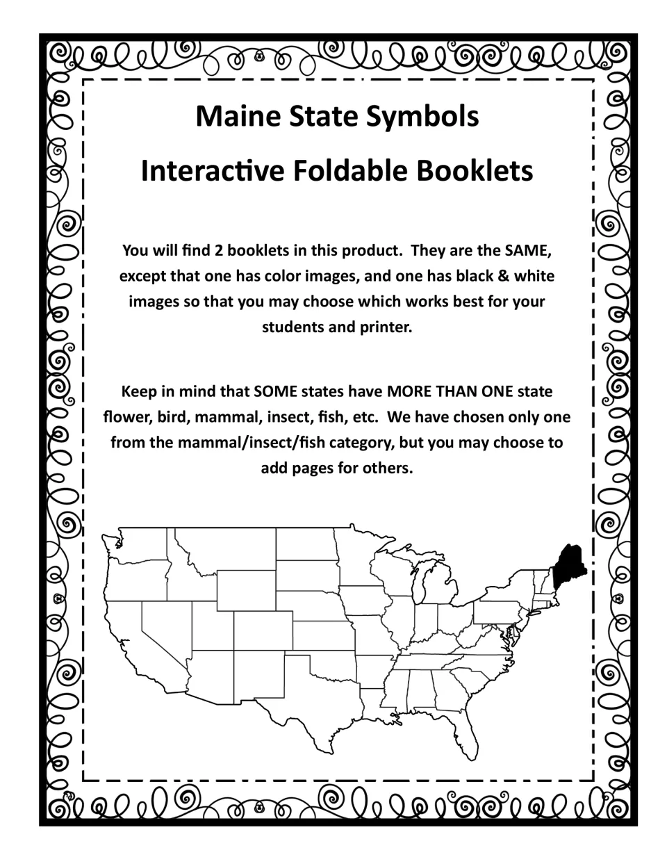 Booklet overview explains the matching color and black-and-white versions and options for adding state symbols