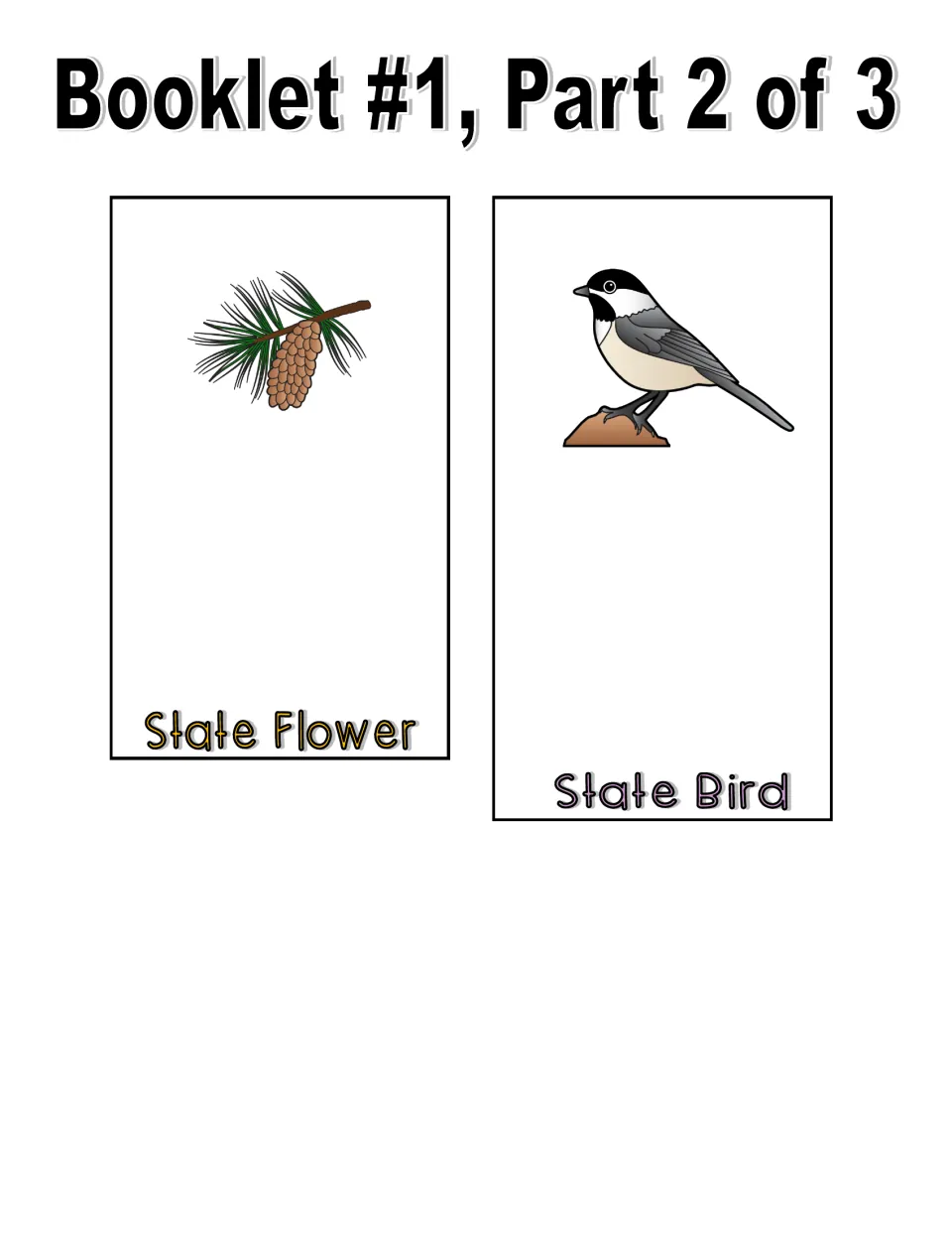 Color booklet, part 2 of 3: State Flower and State Bird pieces show a pine cone with needles and a chickadee