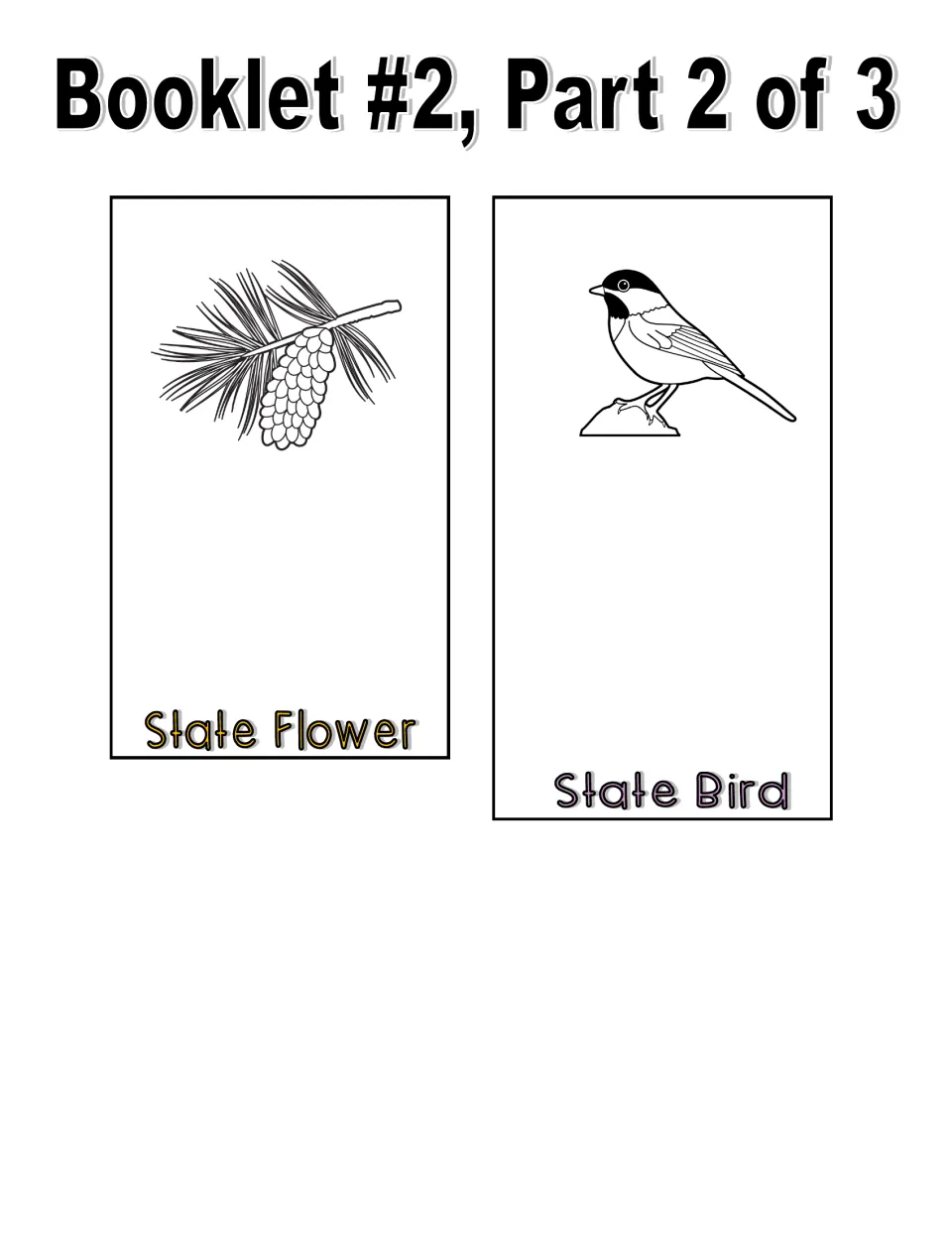 Black-and-white image booklet, part 2 of 3: flower and bird pieces show a pine cone with needles and a chickadee
