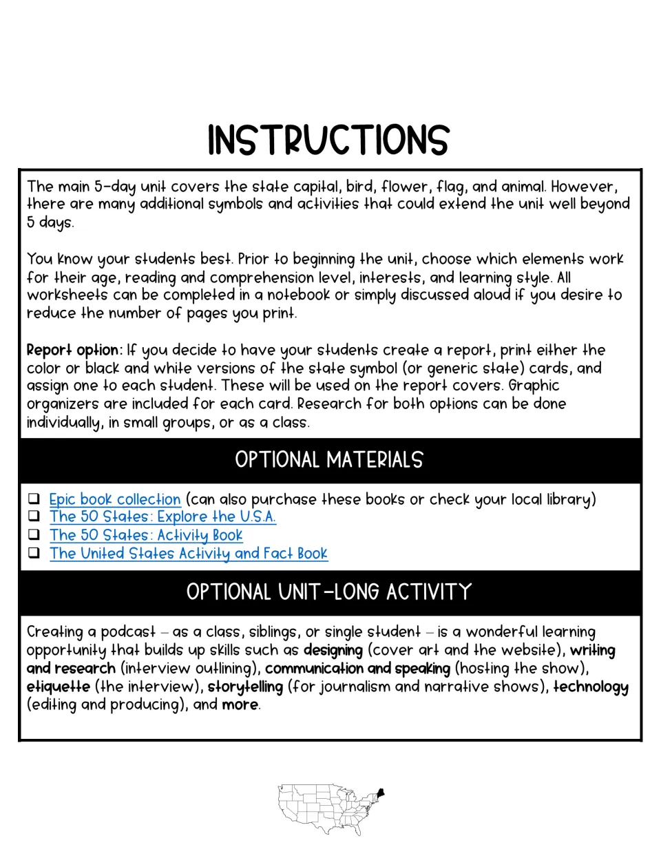 Unit instructions: 5-day plan on capital, bird, flower, flag and animal, report option, book list and podcast project idea